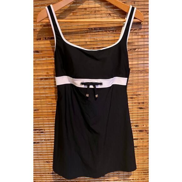 EcoSwim Size 12 Black White Swim Dress Built In Briefs One Piece Swimsuit - Picture 2 of 8